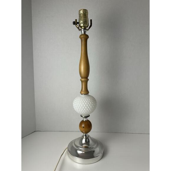 Vintage Mid Century Modern White Milk Glass Hobnail & Wooden Table Lamp - Picture 1 of 8